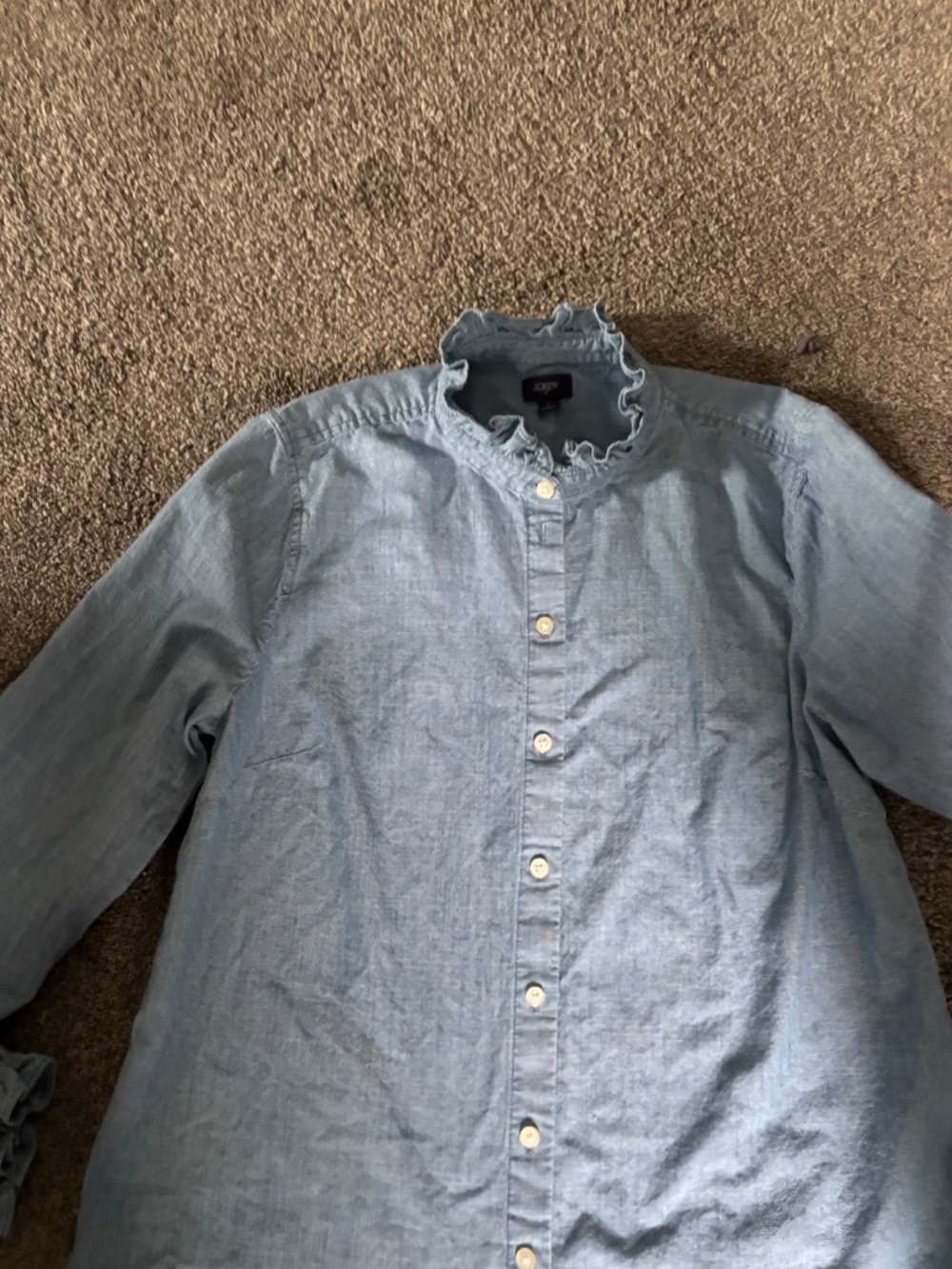 J.Crew Denim Shirt with ruffle neck and sleeves Size L Retail $110 - Picture 2 of 7
